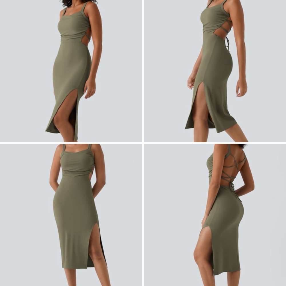 HALARA Olive Softlyzero Midi Dress XS Cut Out Lace Up Back Sleeveless Slit NWT